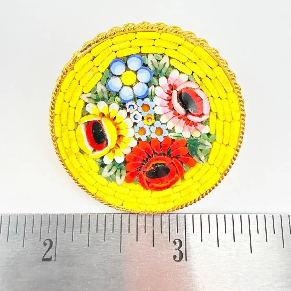 Vtg Micro Mosaic Millefiori Brooch Floral Yellow Red Blue Pink Green Italy 1.5